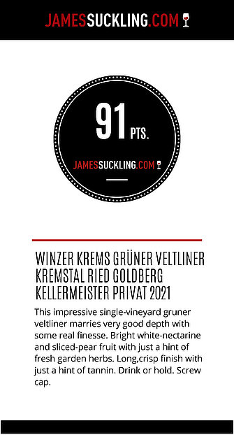 Certificate: 91 points for Ried Kremser Goldberg Grüner Veltliner 2021