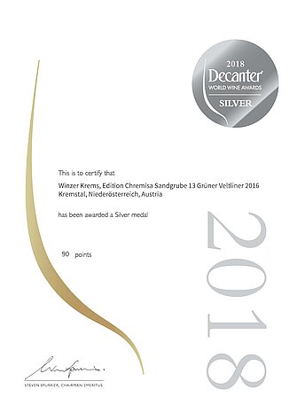 Silbermedaille und 90 Punkte im Decanter Mai 2018: Edition Chremisa Grüner Veltliner 2016