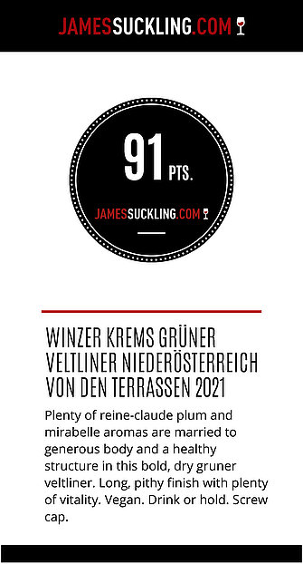 Certificate: 91 points for Grüner Veltliner „Von den Terrassen“ 2021
