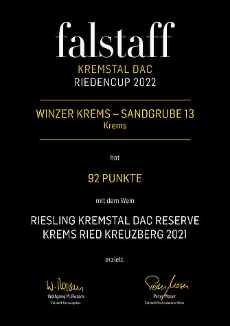 Urkunde: 92 Punkte für Kremser Kreuzberg Riesling 2021