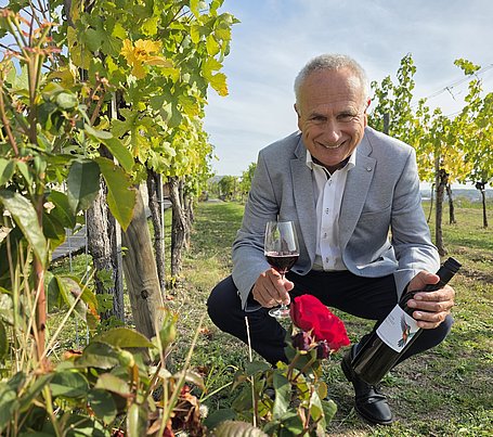 Das Bild zeigt den Geschäftsführer der Winzer Krems, Ludwig Holzer, hockend in einem herbstlichen Weingarten. Er hält eine Flasche Zweigelt Alkoholfrei in der Hand. Im Vordergrund ist ein blühender Rosenstrauch zu sehen