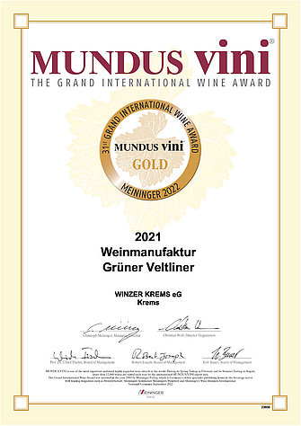 Certificate Weinmanufaktur Krems Grüner Veltliner 2021: Gold